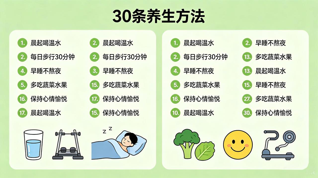 让你多活30年的养生方法
 
①切勿憋尿，及时排尿呵护泌尿系统健康。

②每晚睡