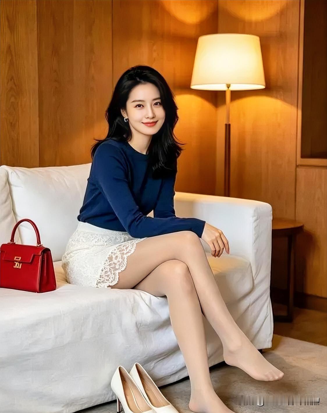 深蓝针织配蕾丝短裙，赤足轻搭，红与白的点缀让慵懒优雅交织。