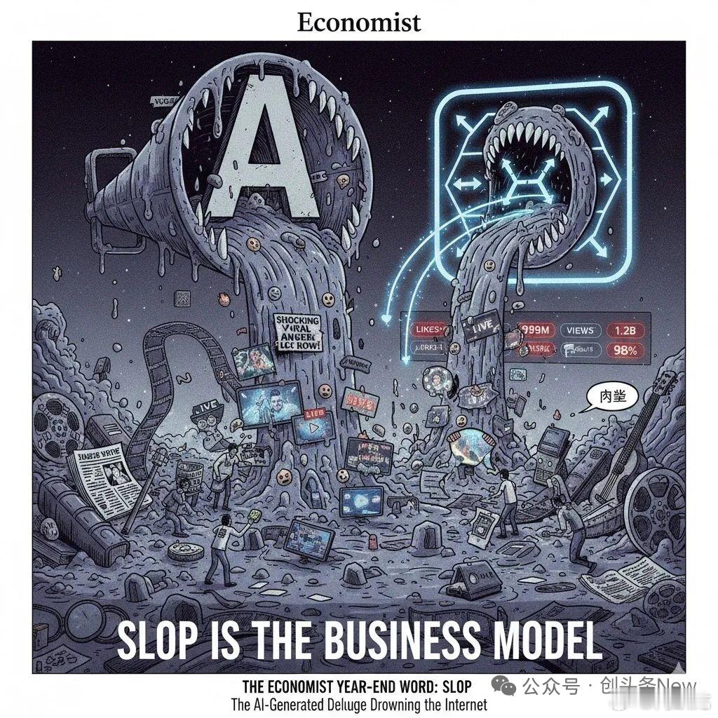 《经济学人》年度词汇出炉，“slop”。这个生僻单词的原意，是“猪食”、“泔水”