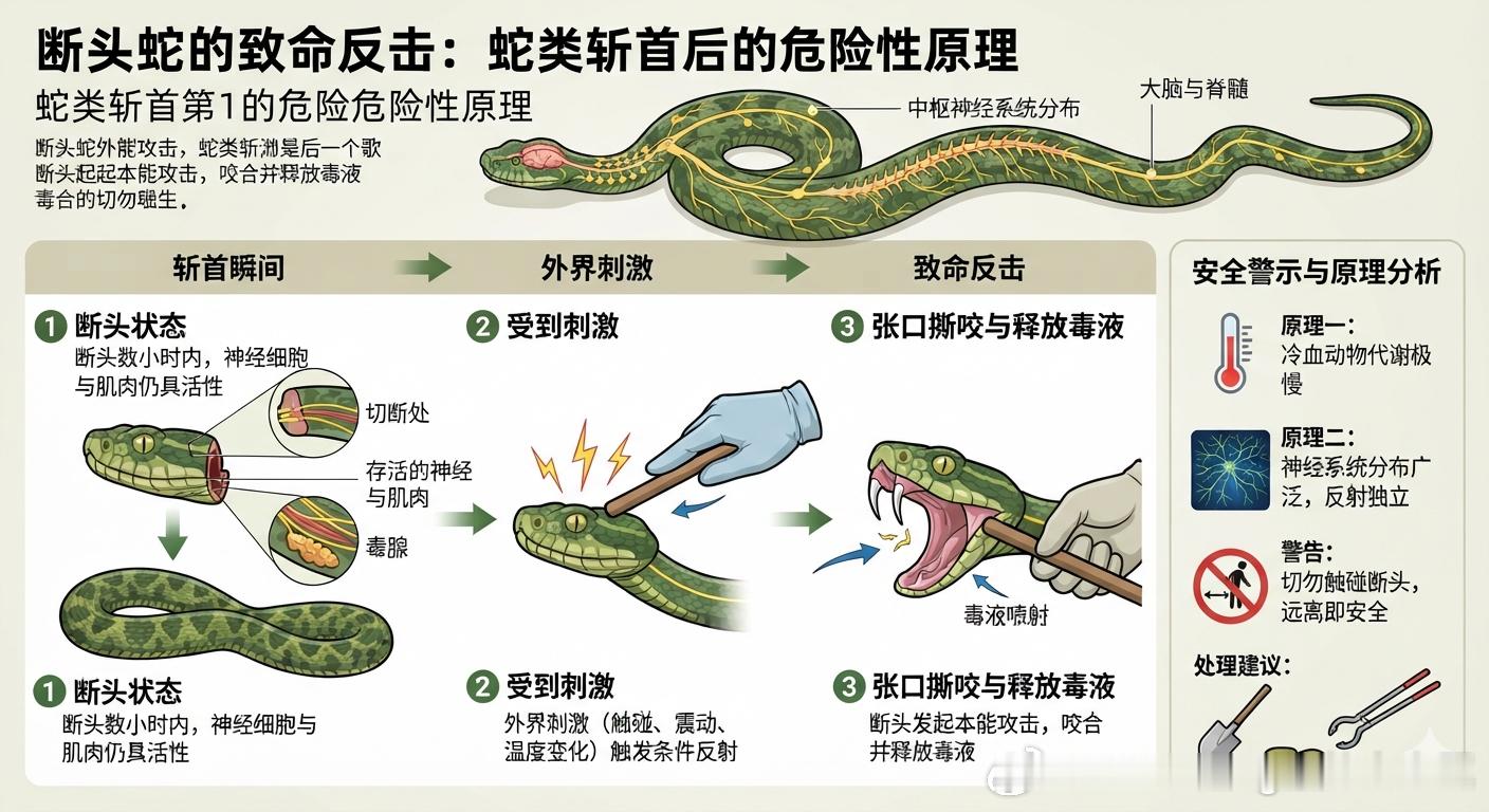 大叔被毒蛇咬伤将蛇剪两段蛇头跑了 蛇的中枢神经系统相对初级，许多反射动作由分布在