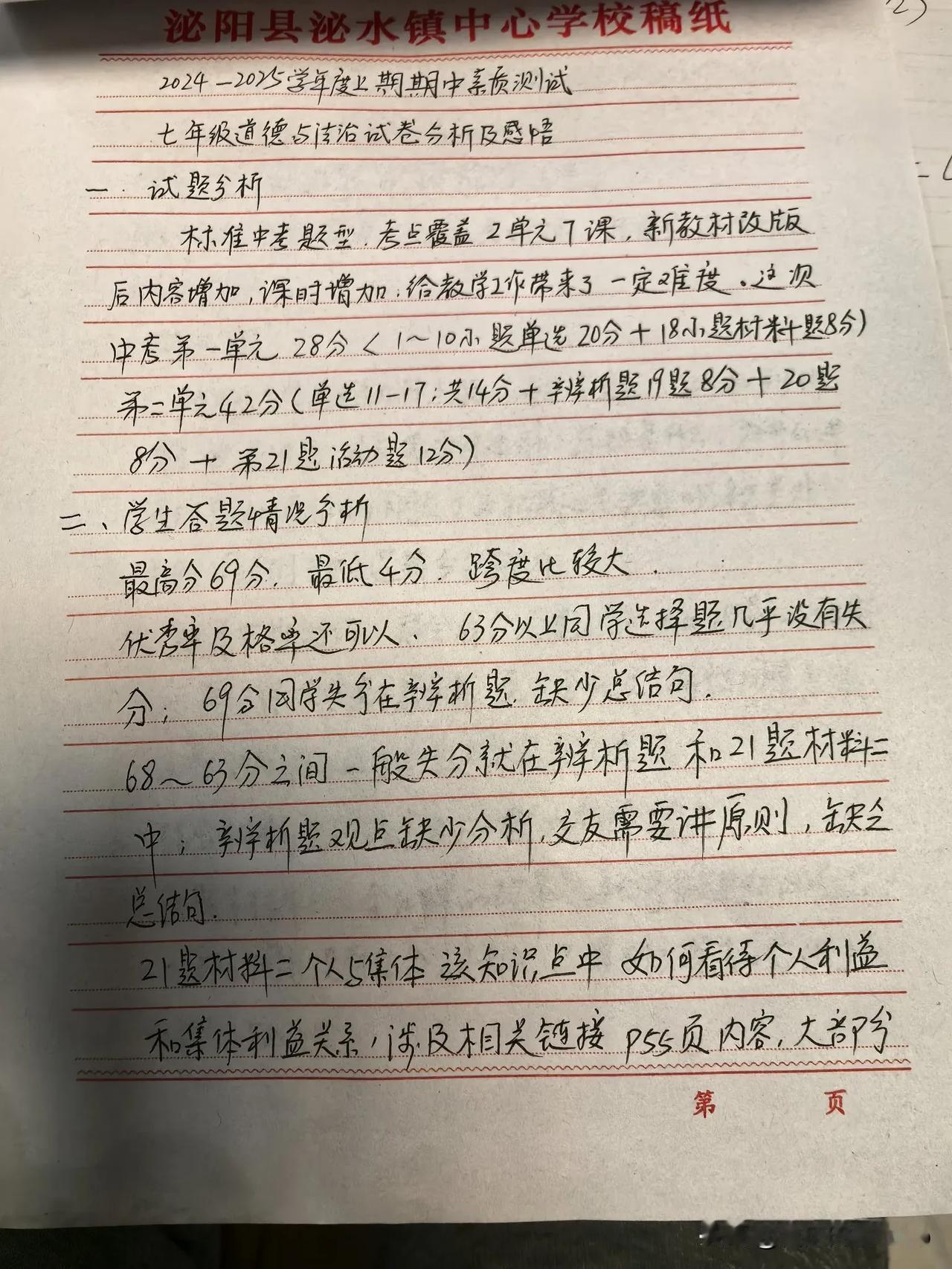 上周进行了中考，学生分数答题卡都可以查阅了，下面针对我们班学生，我写了七年级道德