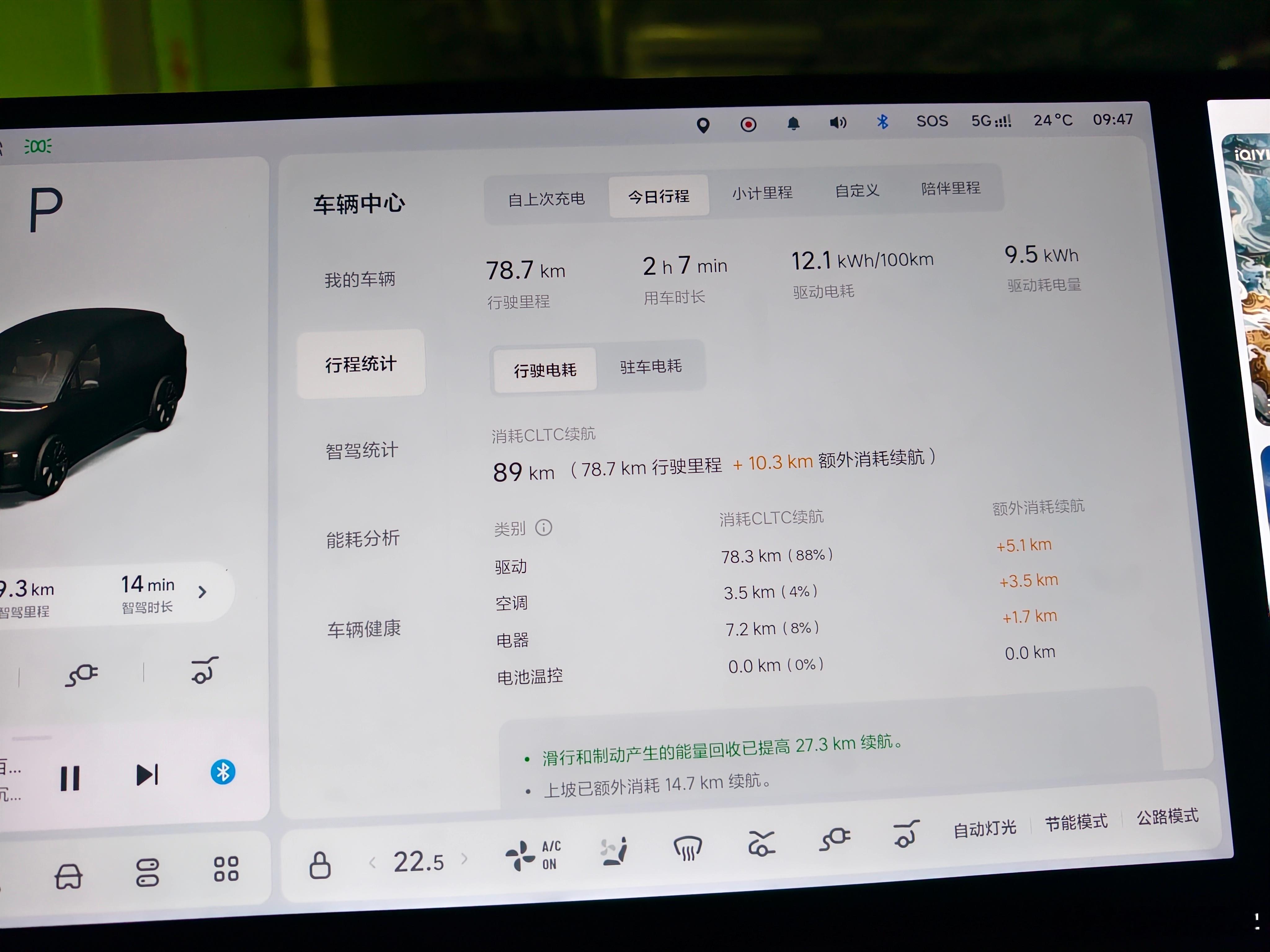 今天早上开理想 i6 上班的续航能耗数据，一共行驶了78.7km，表显消耗 CL