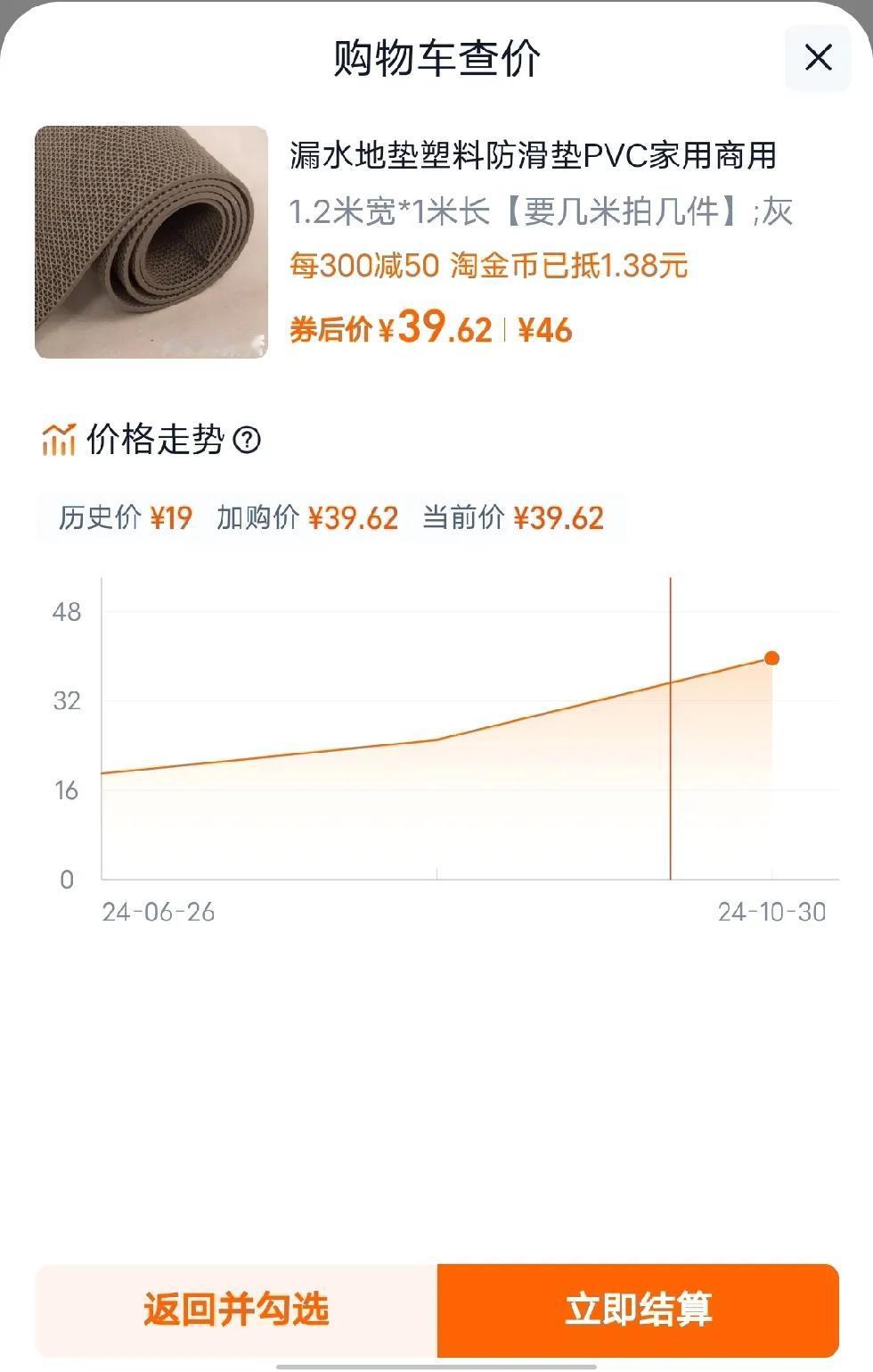 这个地垫，镂空的。居然从六月份的19块钱，涨到39块钱。
看得出来，这种家居品，