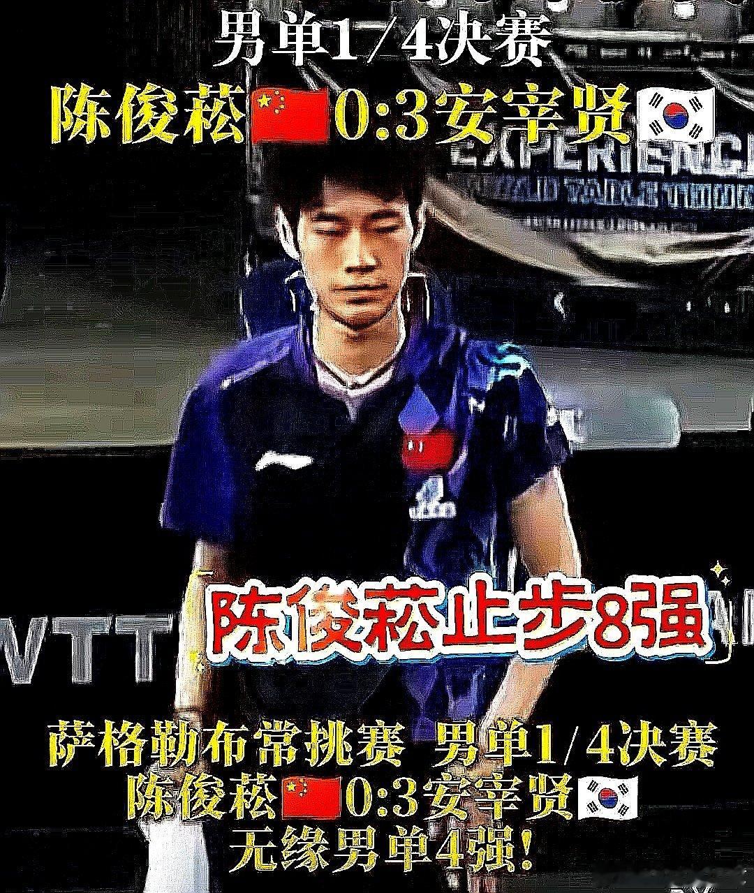 WTT萨格勒布常规挑战赛，中国大陆陈俊菘0-3被韩国安宰贤淘汰，无缘四强 
