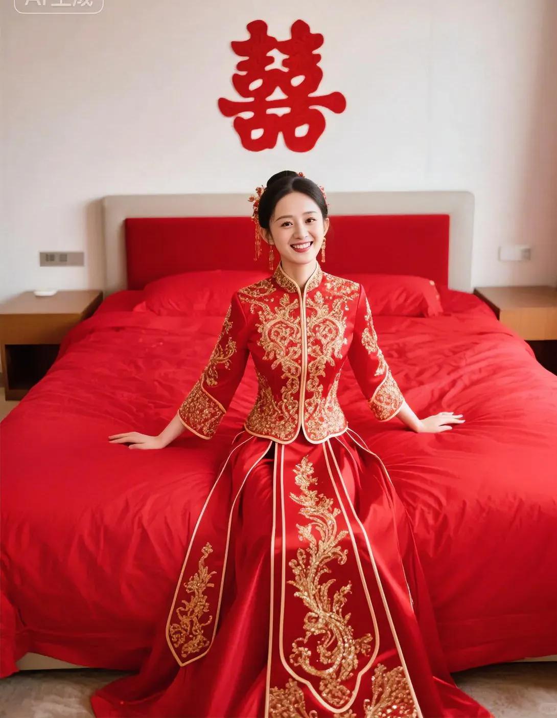 一袭红金绣龙凤的中式嫁衣，衬得她笑靥如花。床头“囍”字灼灼，红被似霞，将中式婚礼