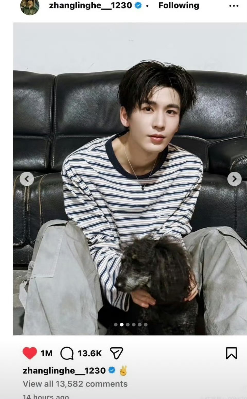 张凌赫这条ins14个小时破百万点赞👍🏻，是内娱男明星破百万用时最快的 