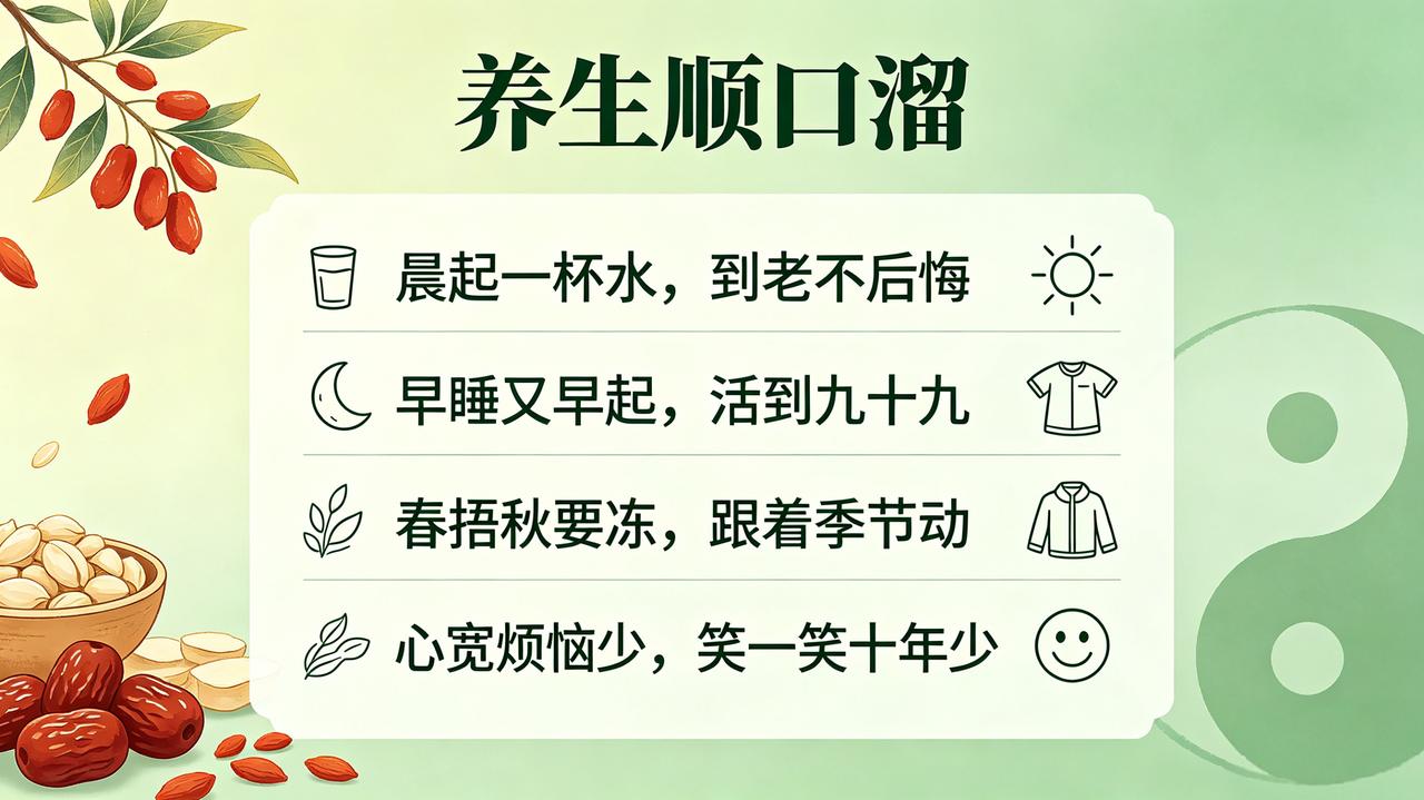 养生顺口溜
 
头宜清，腹宜暖，
少思多闭目养神。

忌辛辣，宜清淡，
五谷杂粮