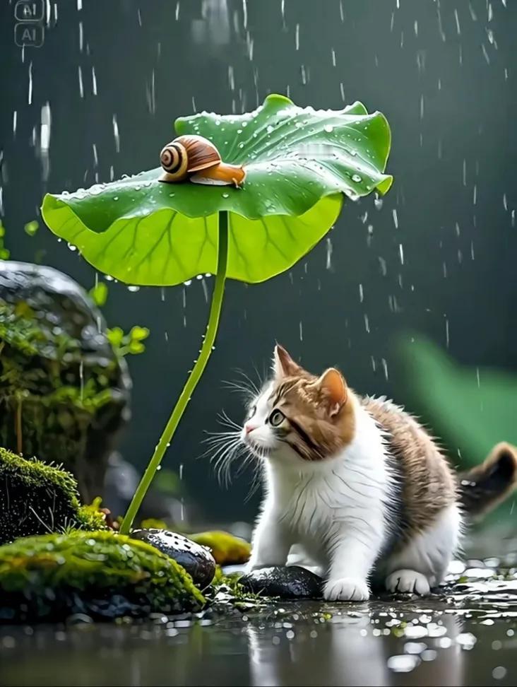 雨中猫咪与蜗牛的奇妙邂逅🌧️🐱🐌晨露与昆虫 邂逅奇妙的生灵