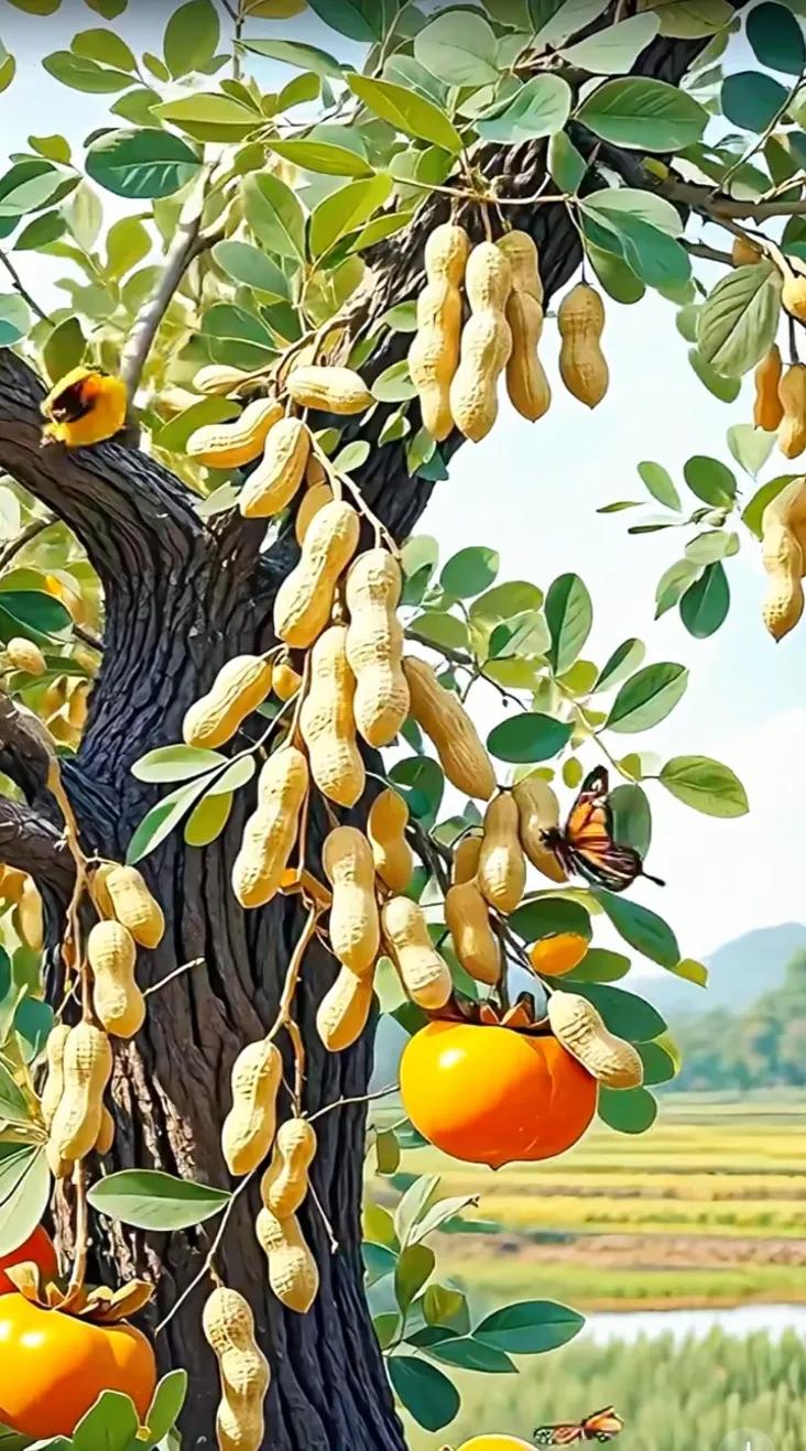 丰收时节，橙黄满枝头，蝴蝶翩翩起舞。春花秋实显丰收 果树挂枝头。