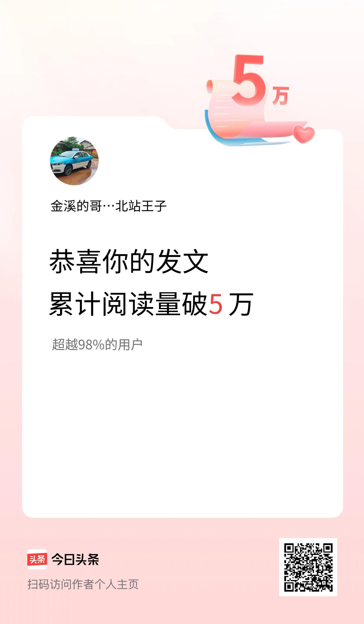 🤝我在头条累计获得阅读量破5万啦！