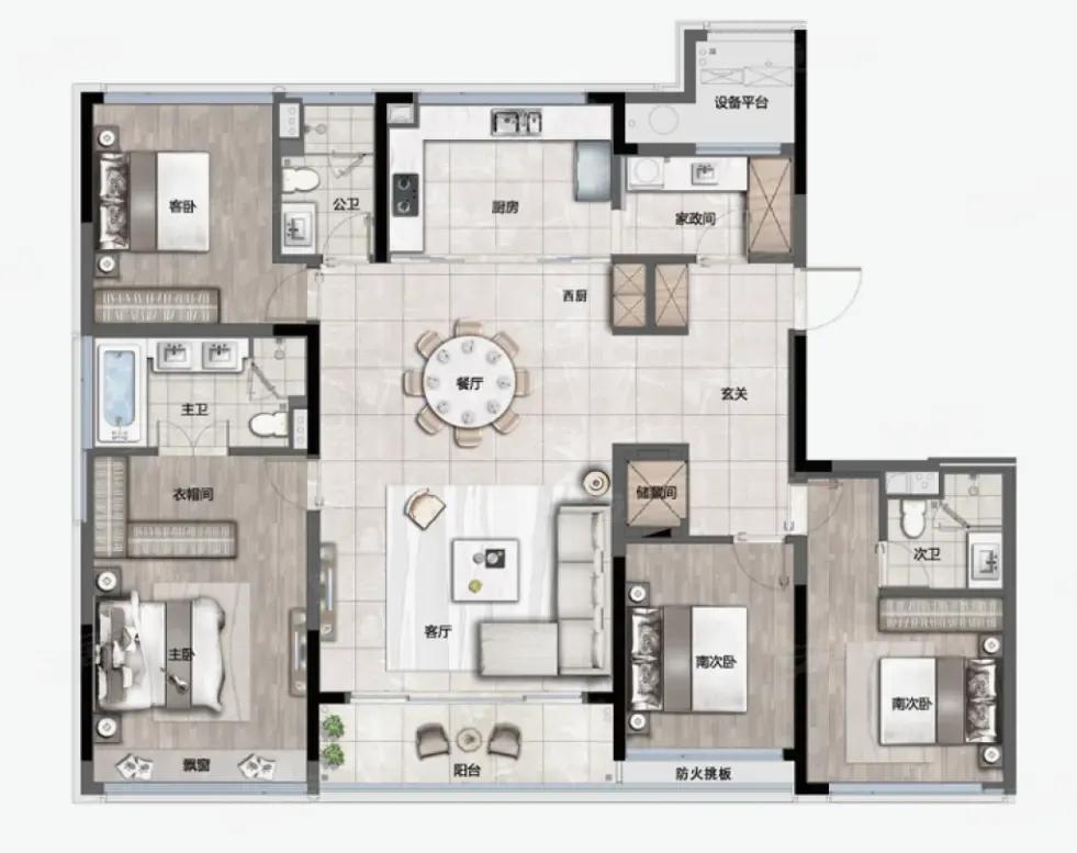 四房三卫的格局，刚需改善一步到位！
 
餐客通厅方正通透，中西双厨设计，中厨爆炒