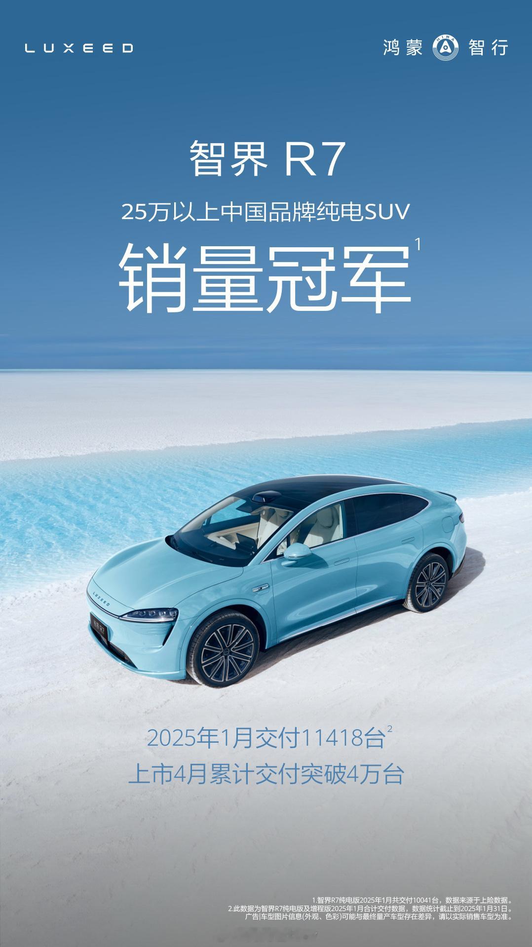 智界 R7 成绩不错，1 月交付 11418 台，纯电交了 10041 台最近增