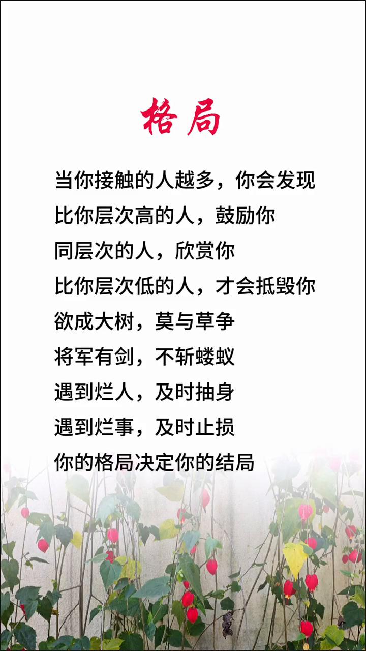 格局。
当你接触的人越多，你会发现比你层次高的人鼓励你，同层次的人欣赏你，比你层