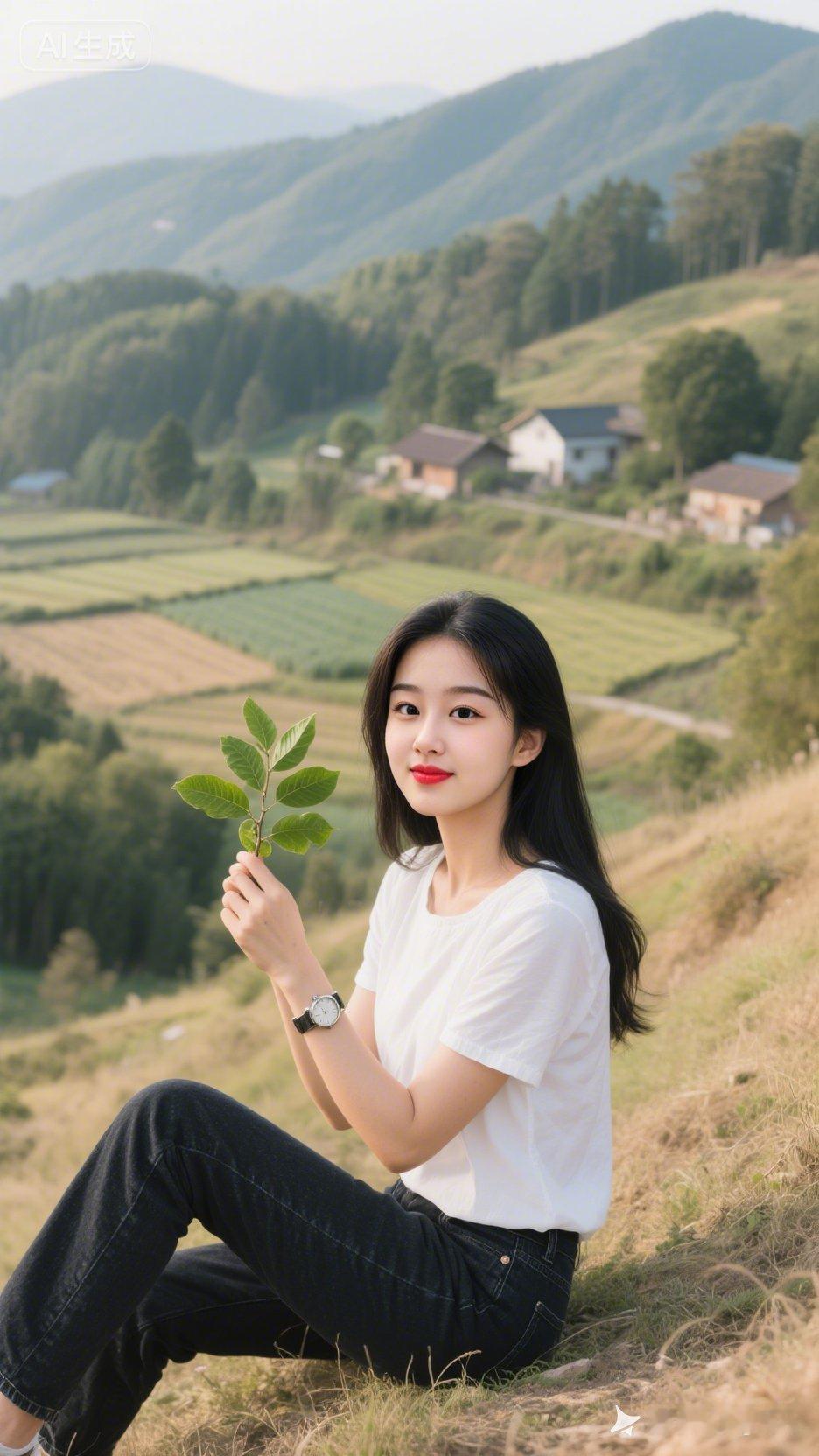 漂亮女子乌黑长发披肩，白衣搭配黑色牛仔裤，腕间佩戴手表，静坐山野山坡面向镜头。手