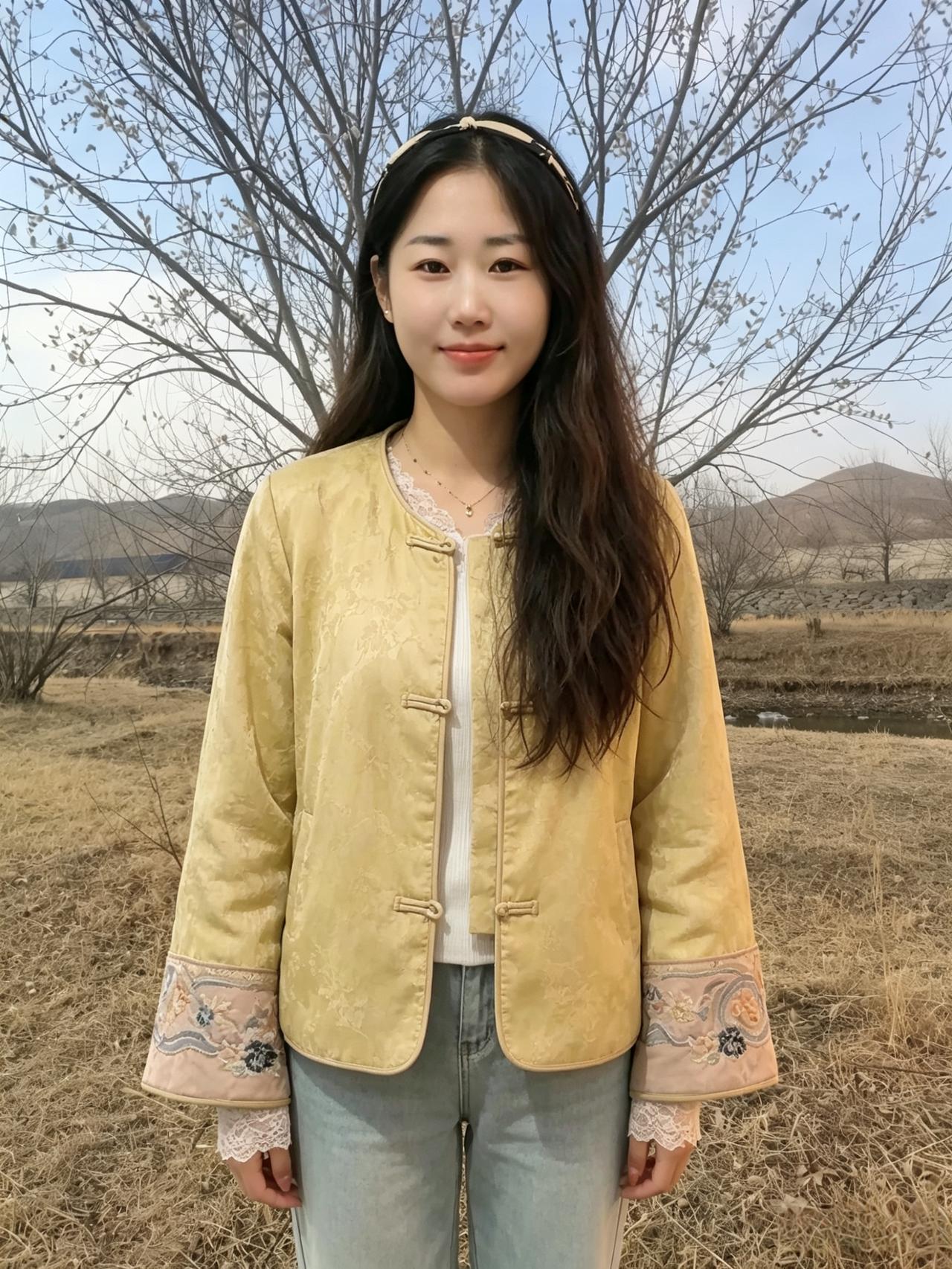 盘扣锁住旧日的风雅
袖口刺绣，绣尽温柔与繁华
蕾丝的轻软，衬出眉眼无瑕
发箍挽住