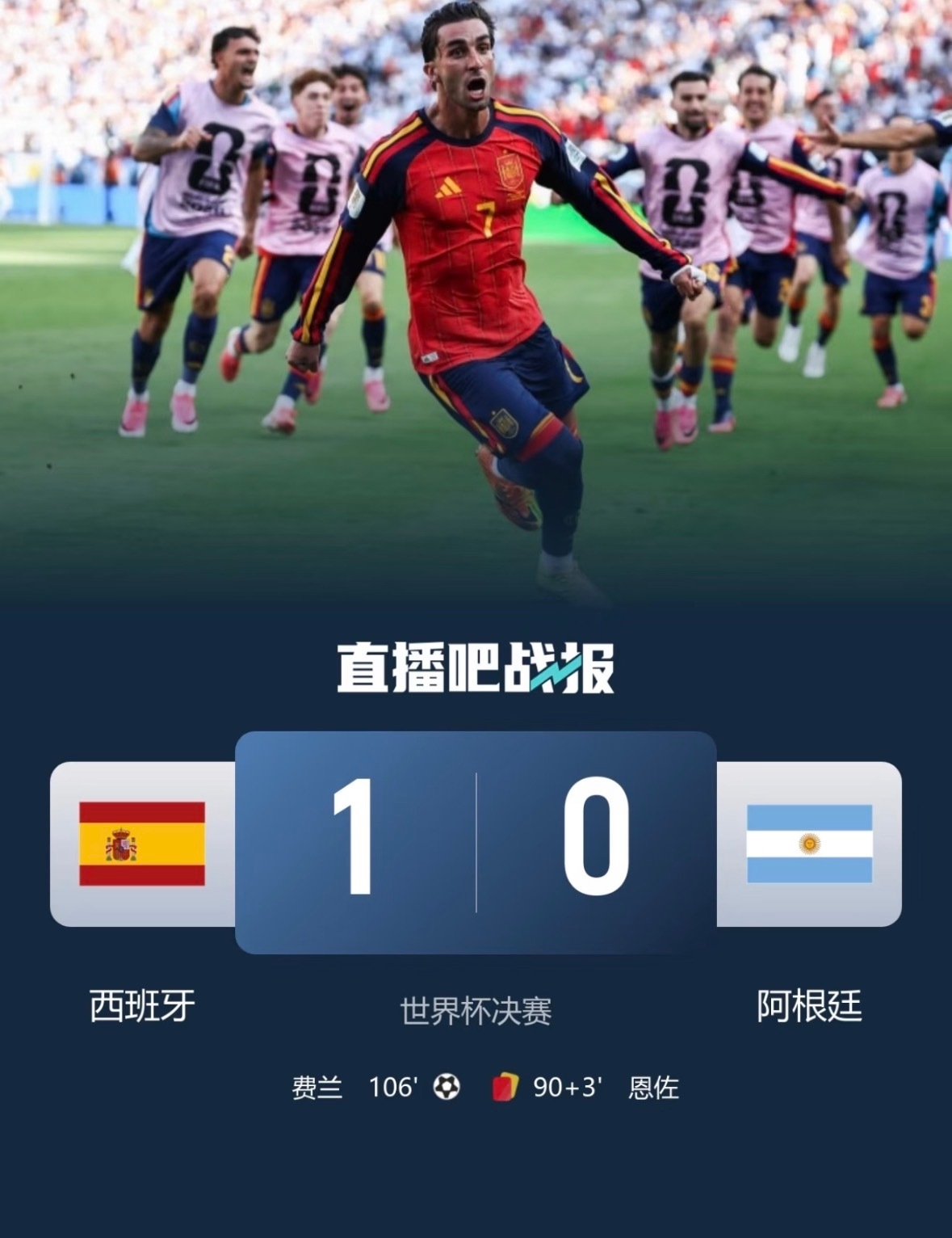 西班牙冠军终场哨响，红色浪潮席卷赛场！西班牙加时绝杀阿根廷，1-0拿下2026美