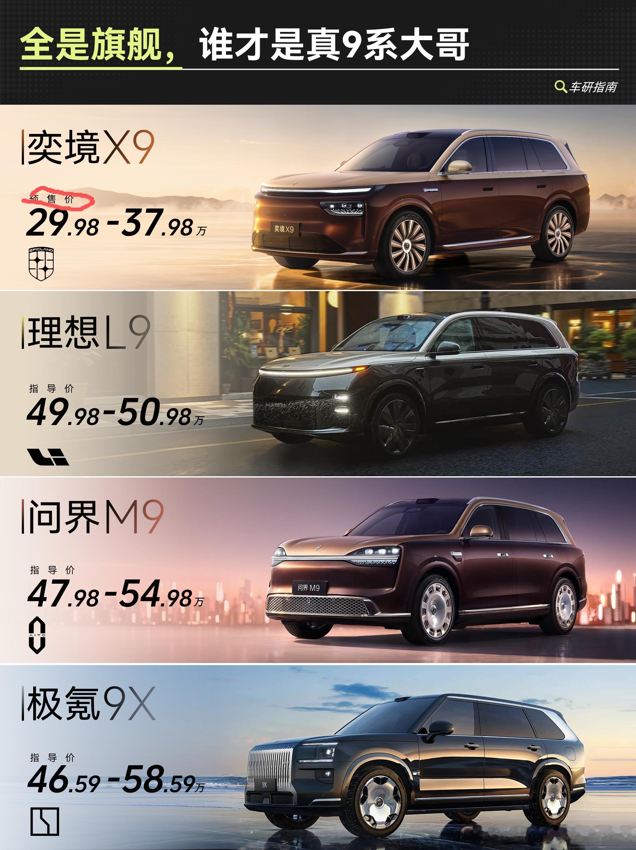 问界M9、理想L9、极氪9X、奕境X9这四款热门车，到底谁更适合你家？今天从五个