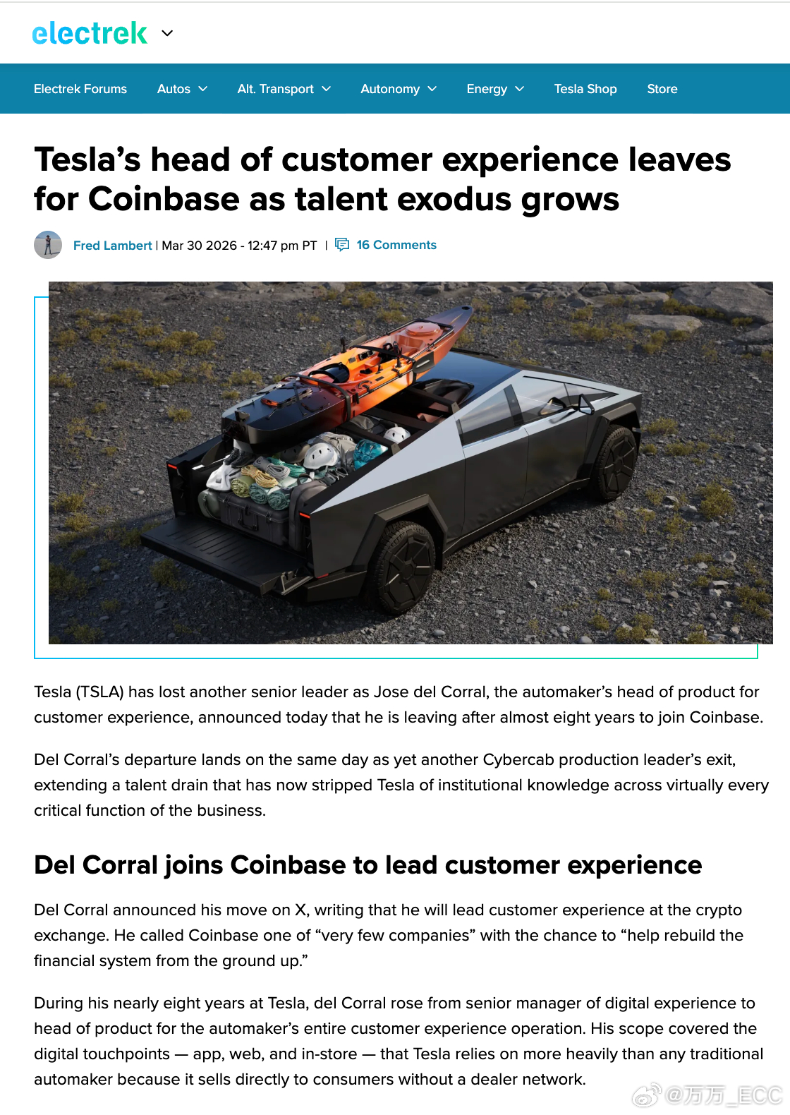 3月30日，特斯拉同一天走了两位高管。一位是客户体验产品负责人 Jose del