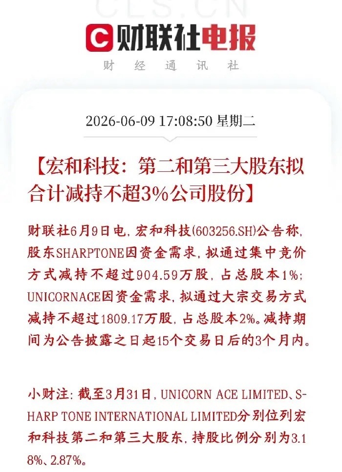 电子布龙头股东开始减持了，涨幅已经翻了4倍宏和科技公告两大外资股东要合计减持3%