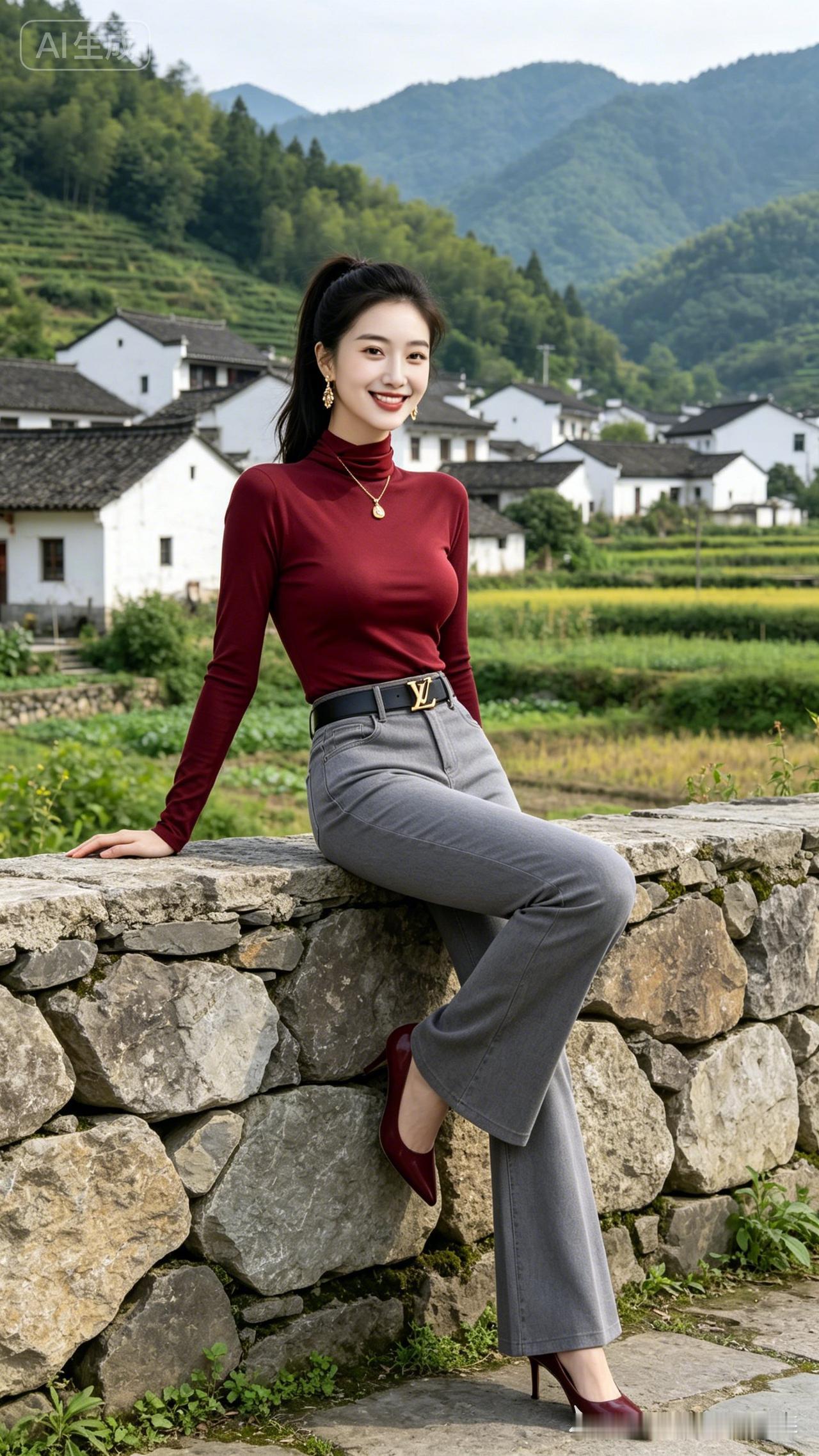 一袭清新绿裙搭配璀璨红宝石配饰，少女眉眼舒展，甜笑灵动治愈，肌肤白皙透亮，身姿温