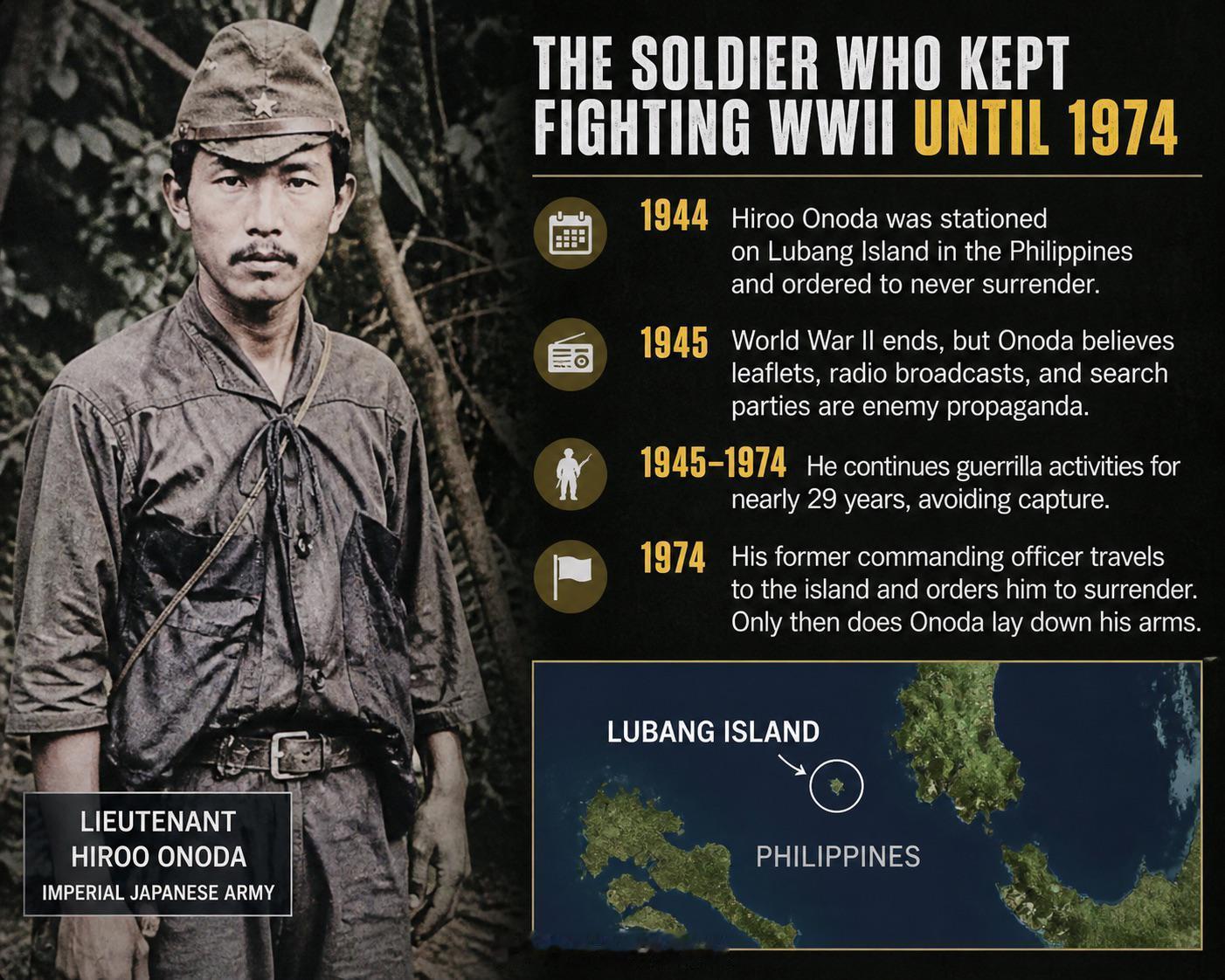 一名日本士兵继续参加第二次世界大战，直到 1974 年，因为他认为日本投降是敌人