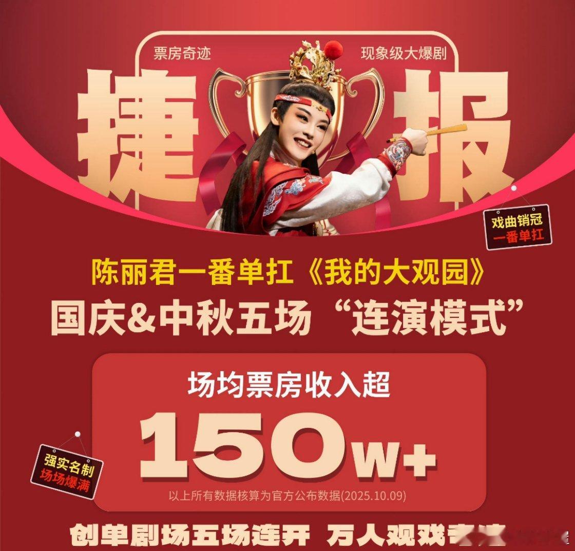 国庆中秋陈丽君我的大观园又创造了记录，五场演出票房达890万元，售票10028张