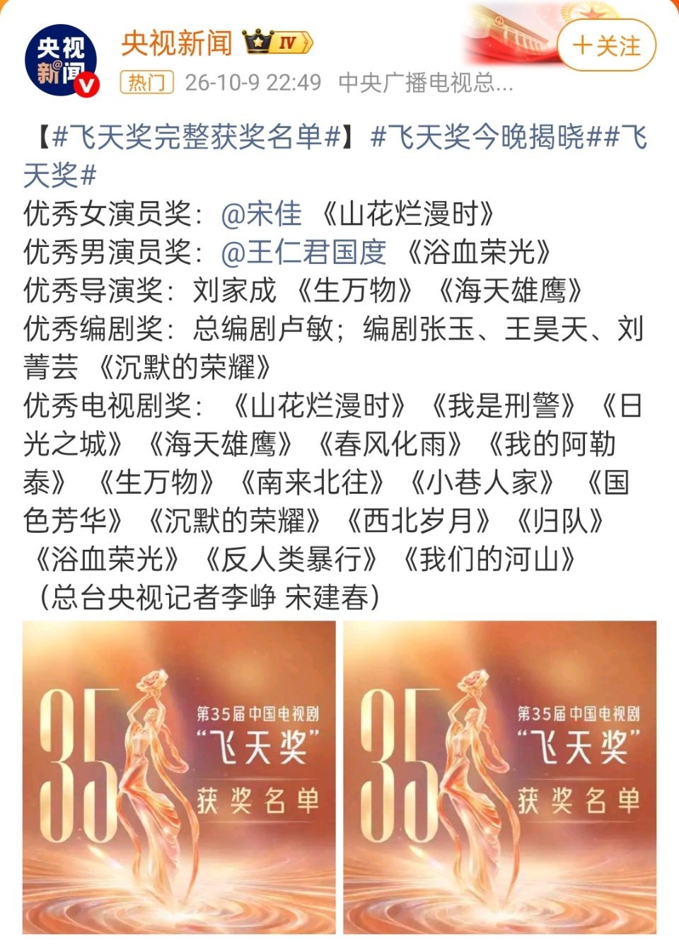 飞天奖获奖名单这获奖名单，有些剧，有些人颗粒无收啊？ ​​​