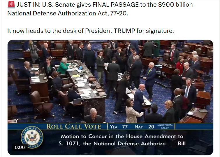 美国参议院以77票赞成、20票反对，最终通过了总额9000亿美元的《国防授权法案