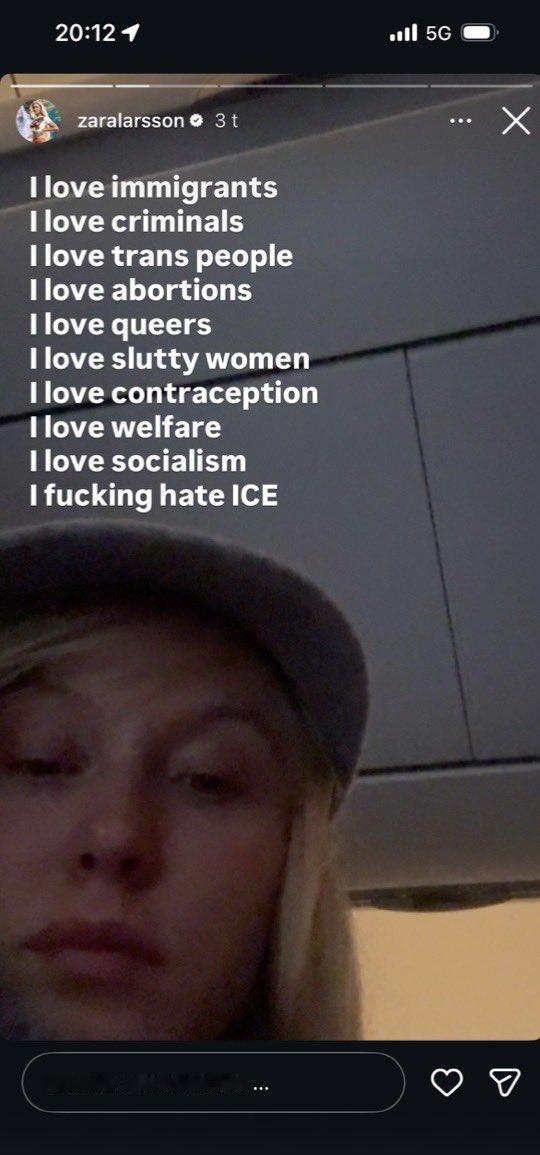 为了声援美国移民执法局特工击毙的左翼抗议女性，瑞典女歌手Zara Larsson