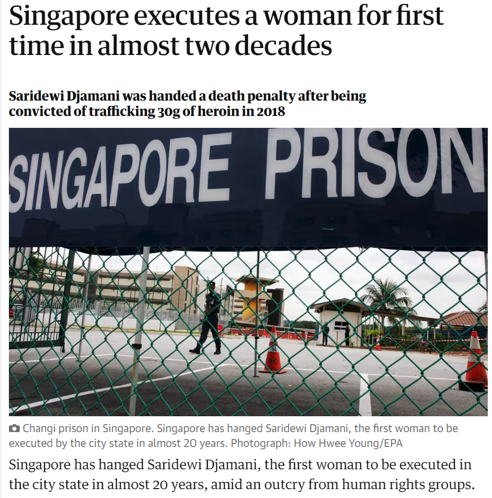 新加坡真的强硬！今天又绞死一名女毒贩。45岁，2018年因贩运30克海洛因判处死