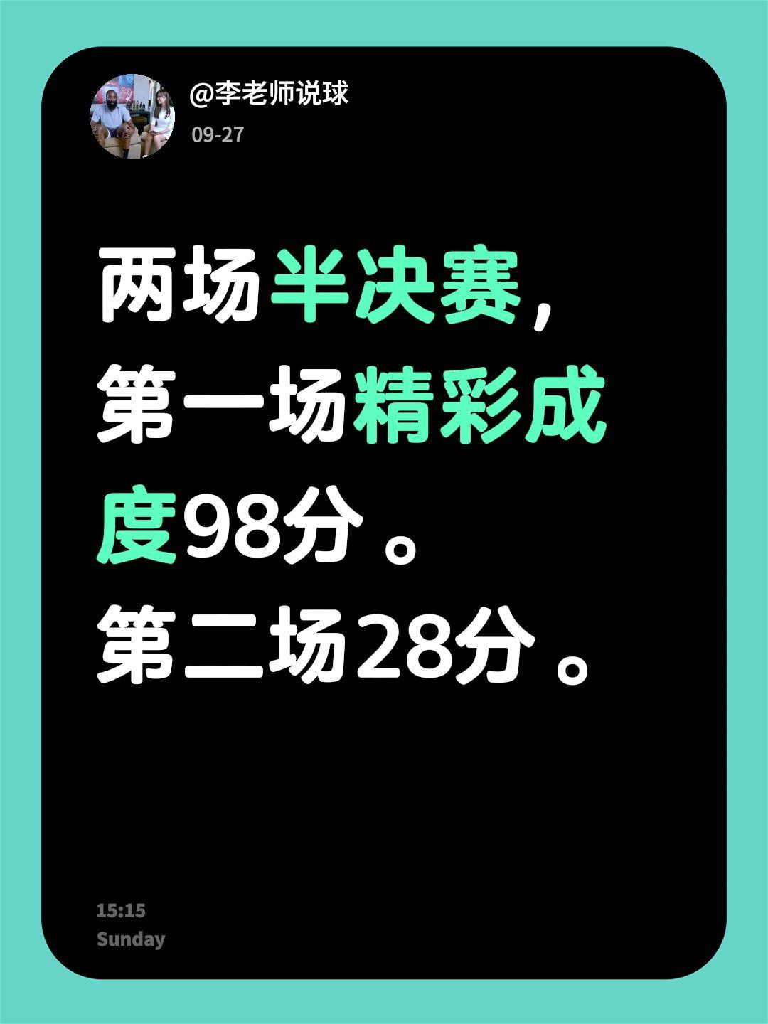 两场半决赛，第一场精彩成度98分。
第二场28分。