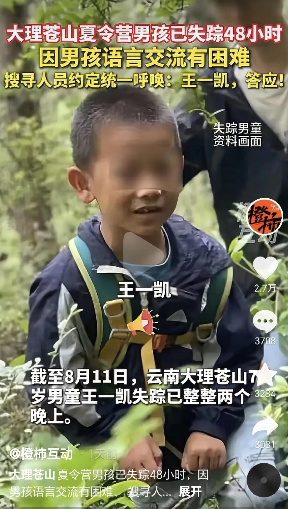 8月12号，在大理苍山走丢的7岁自闭症男孩搜救情况如下。

第一，由于下了大暴雨