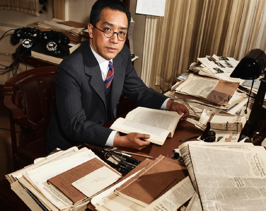 1939年，胡适坐在驻美大使办公桌前，满桌文件报纸，一手翻书，圆框眼镜后是“过河