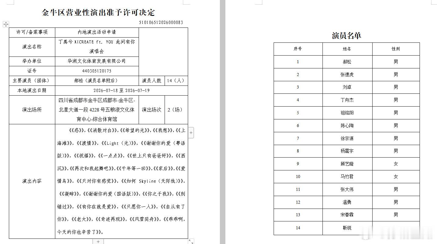 丁禹兮演唱会过审了！丁禹兮演唱会过审丁禹兮成都演唱会有两场