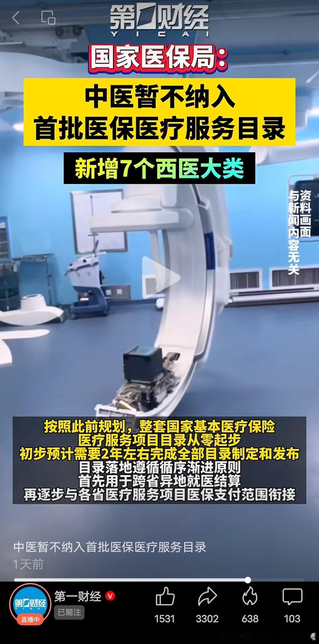国家医保局：中医暂不纳入首批医保医疗服务目录，新增7个西医大类！ ​​​
