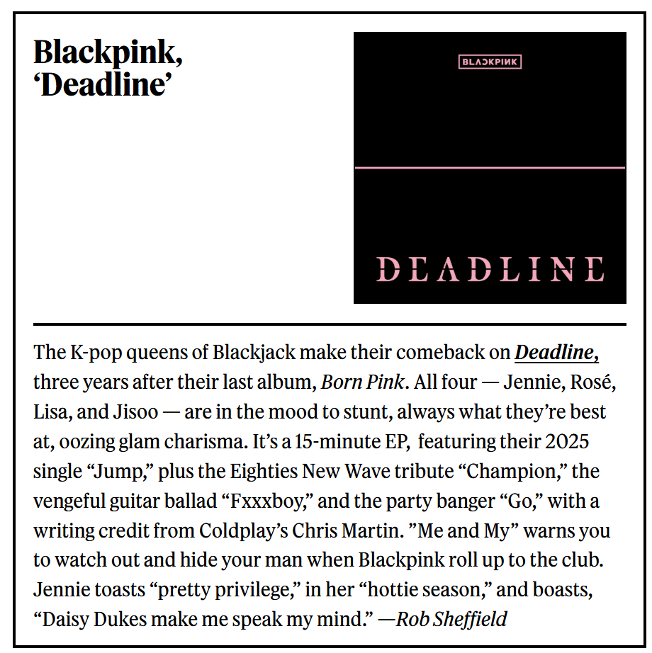 BLACKPINK《DEADLINE》入选 滚石杂志 评选的2026年迄今为止最