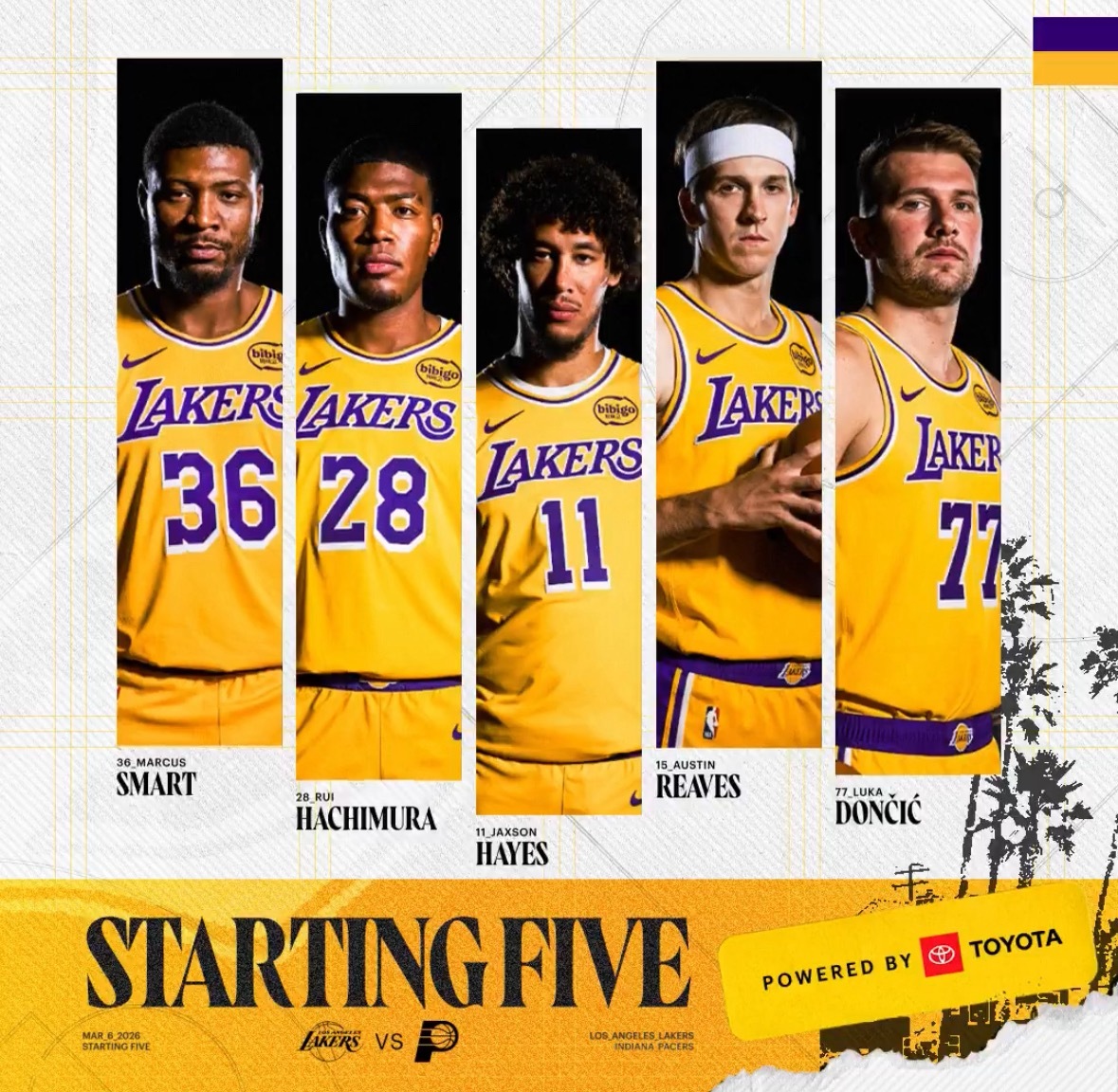 湖人步行者首发名单：东契奇、里夫斯、斯玛特、八村塁、海斯内姆哈德、内史密斯、沃克