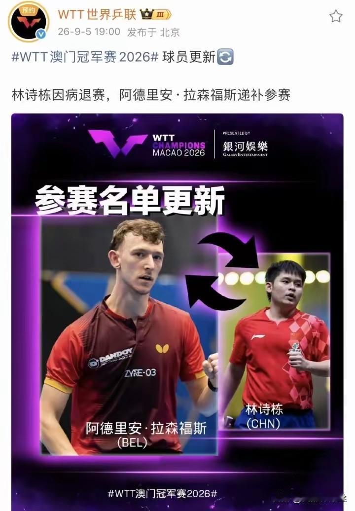 这是怎么回事，林诗栋也因伤退赛了！
澳门冠军赛没有几个国乒队员参加了，
最先是孙