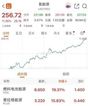 氢能源领涨美股美股氢能源领涨，燃料电池能源上涨19.31%，普拉格能源上涨15.
