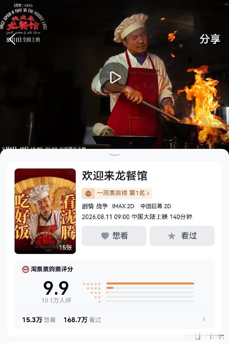电影历史上评分最高的影片9.9分出炉，沈腾主演的《欢迎来龙餐馆》。接近满分。可以