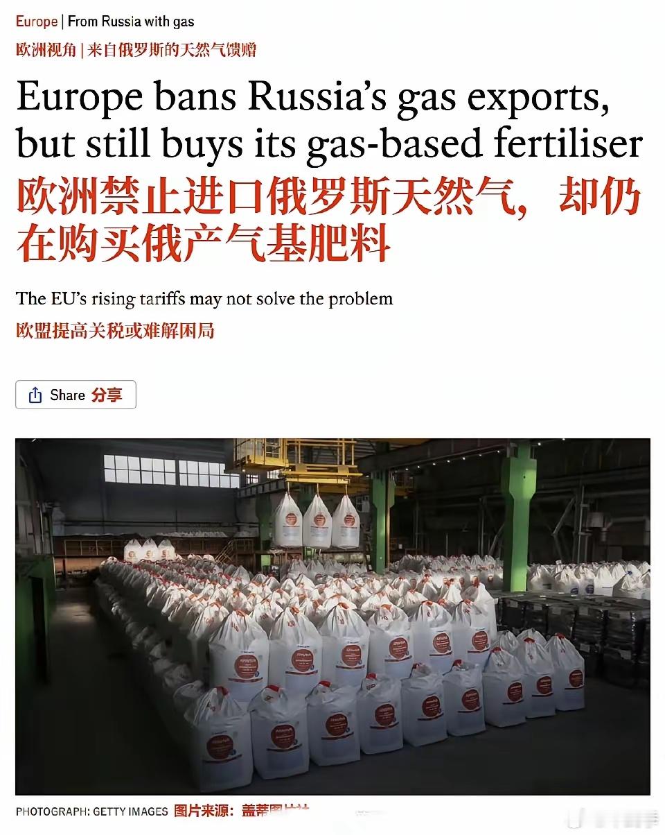由于制裁了俄罗斯天然气所以欧洲生产不出化肥，于是转而从俄罗斯购买成品化肥。 