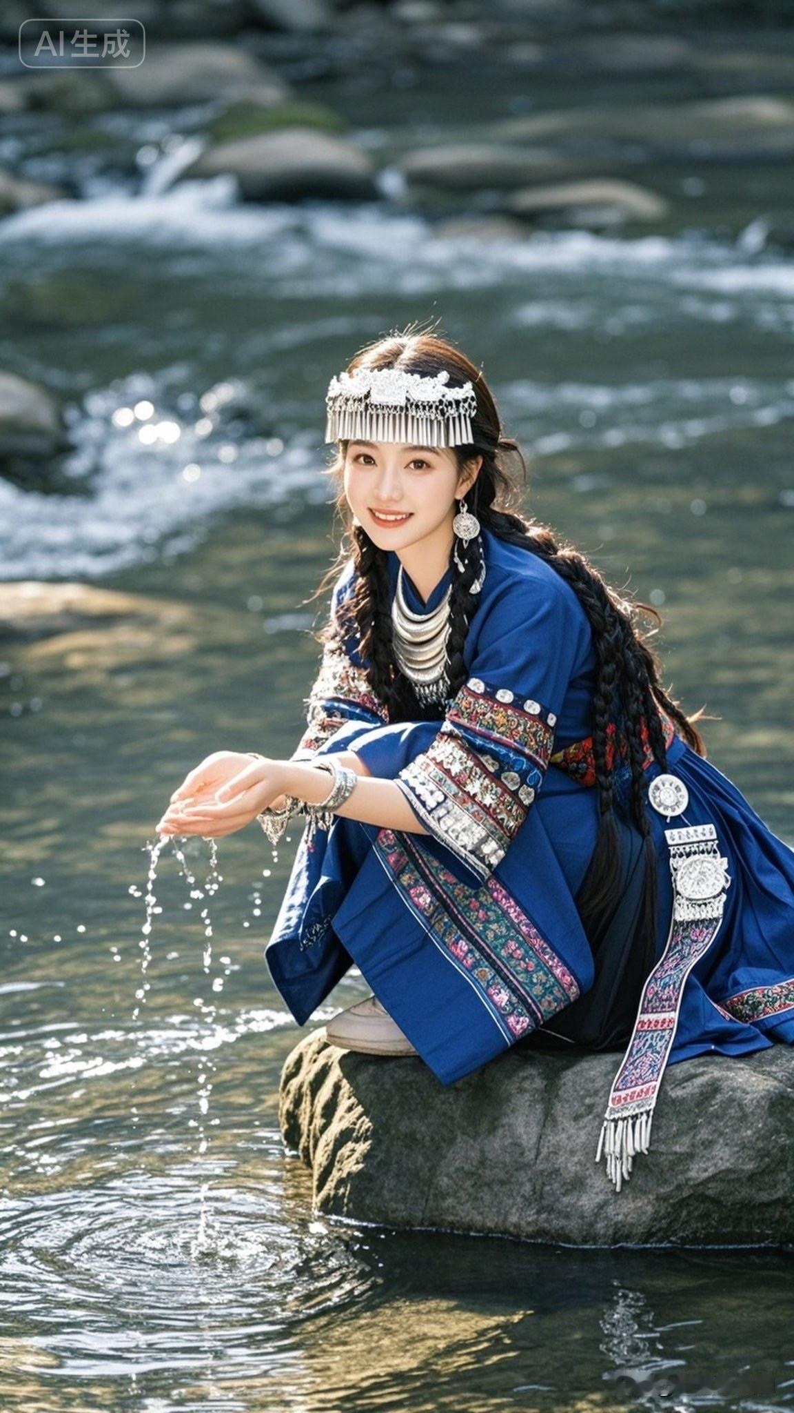 古风少女在溪边嬉戏，银饰闪耀，笑容甜美