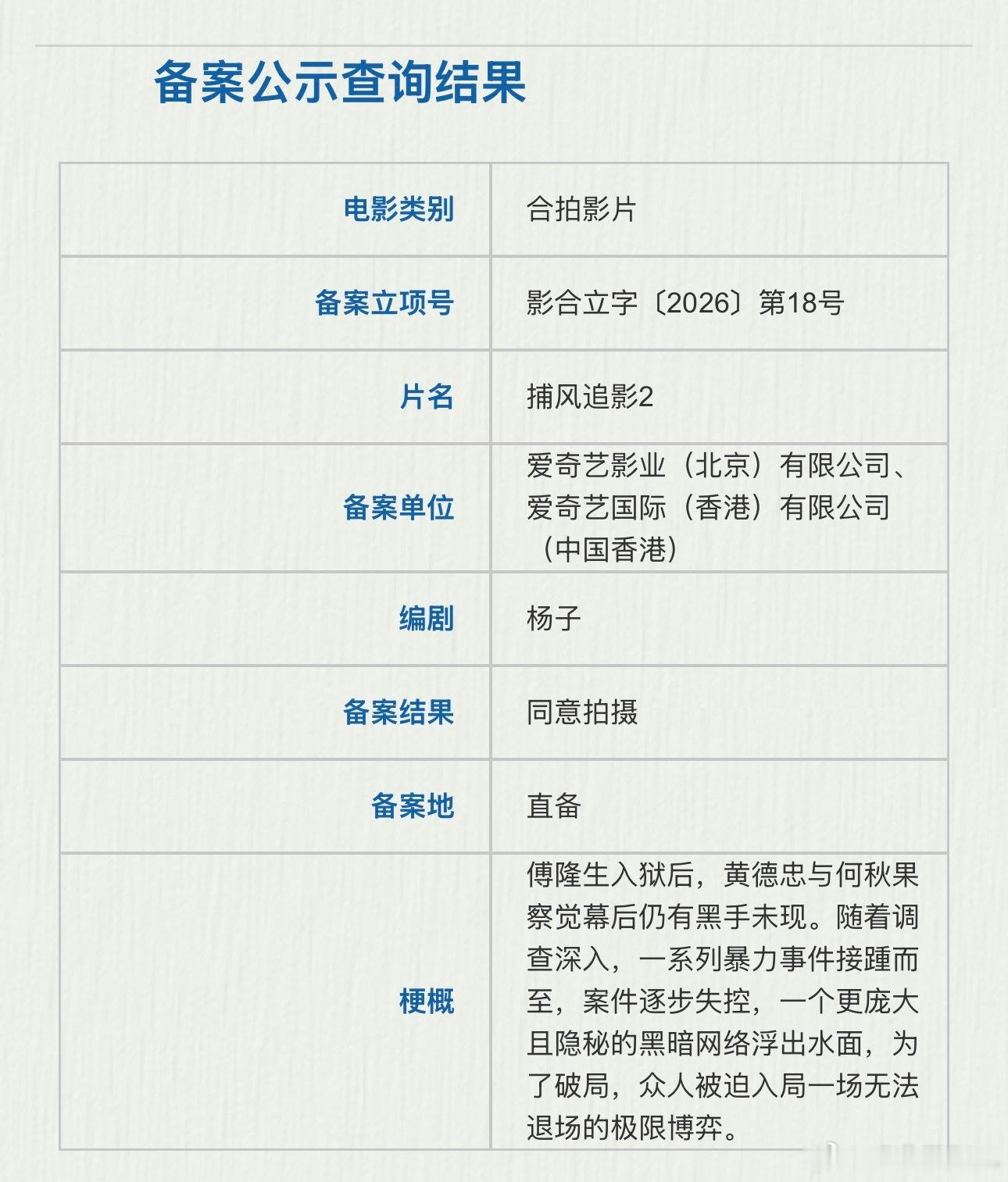 《捕风追影2》立项故事梗概：傅隆生入狱后，黄德忠与何秋果察觉幕后仍有黑手未现。随