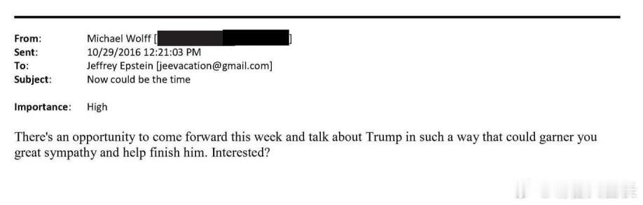 2016年10月29日，距总统投票日仅十天，记者迈克尔·沃尔夫给爱泼斯坦发去一封