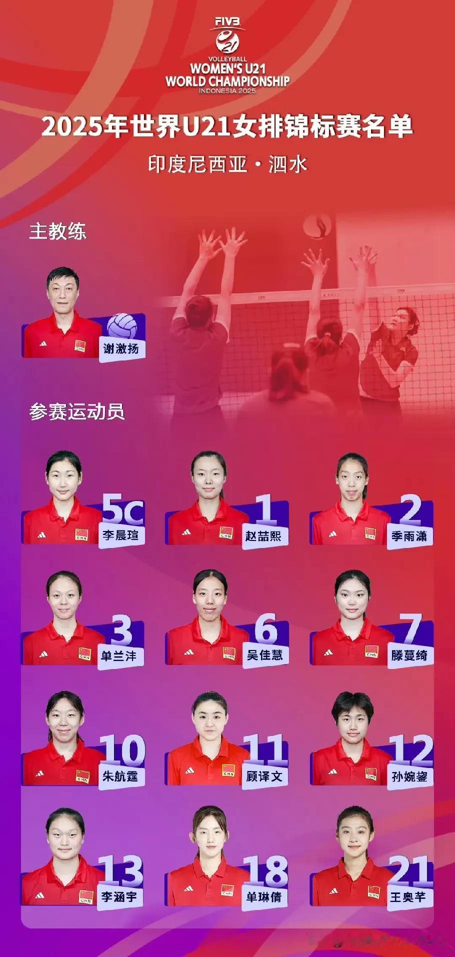 [玫瑰][玫瑰]出征世界U21女排锦标赛中国U21女排十二人大名单：

一，主教