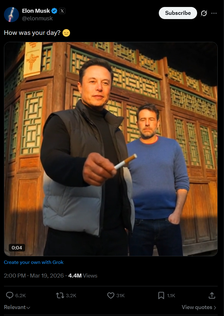 马斯克发了一段利群的小视频给自己抽是利己，给大家抽才是利群 