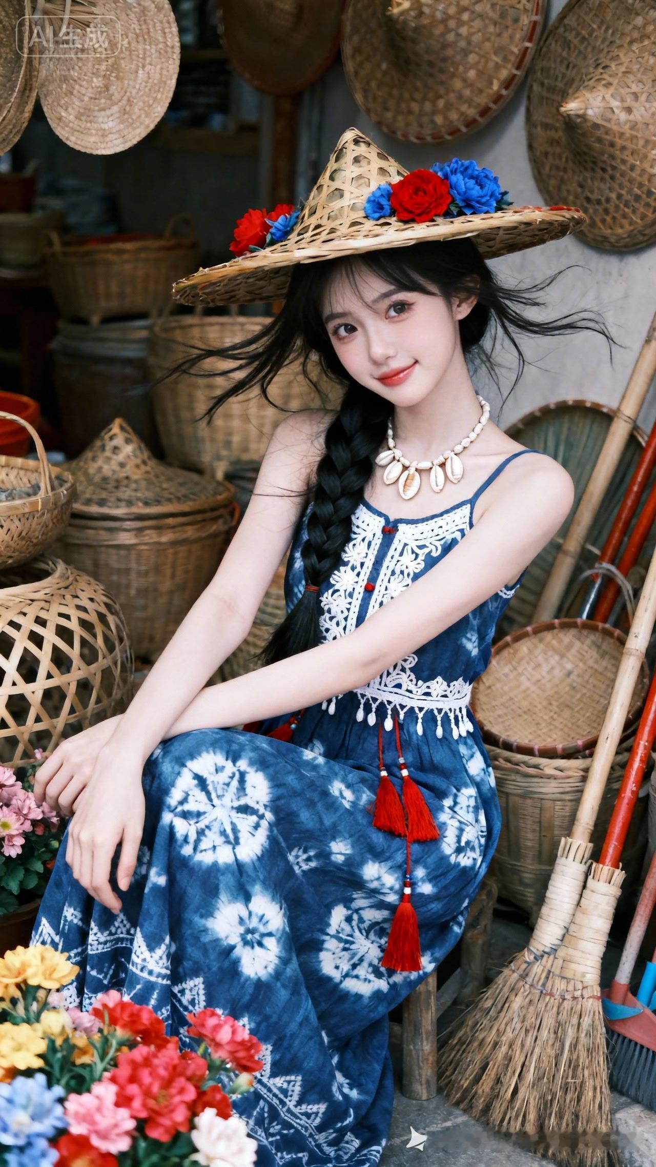 清新少女冷白陶瓷肌网感脸，黑长发编麻花辫，戴贝项链、饰花竹编草帽，穿蓝蜡染刺绣流