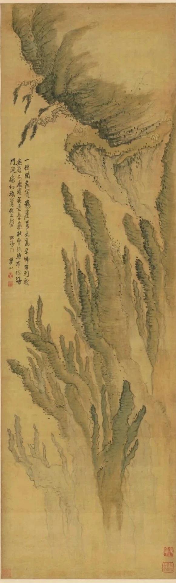 《黄山图》

他以倾倒怪诞的松和巨石绘黄山的险峻，
一径开危窦，悬崖万丈高。

