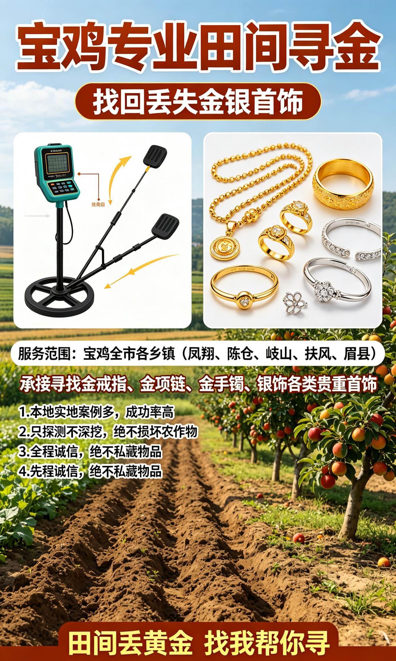 下地干活、果园农活、田间劳作
不小心弄丢金戒指、金项链、金手镯
地里土里找不到，