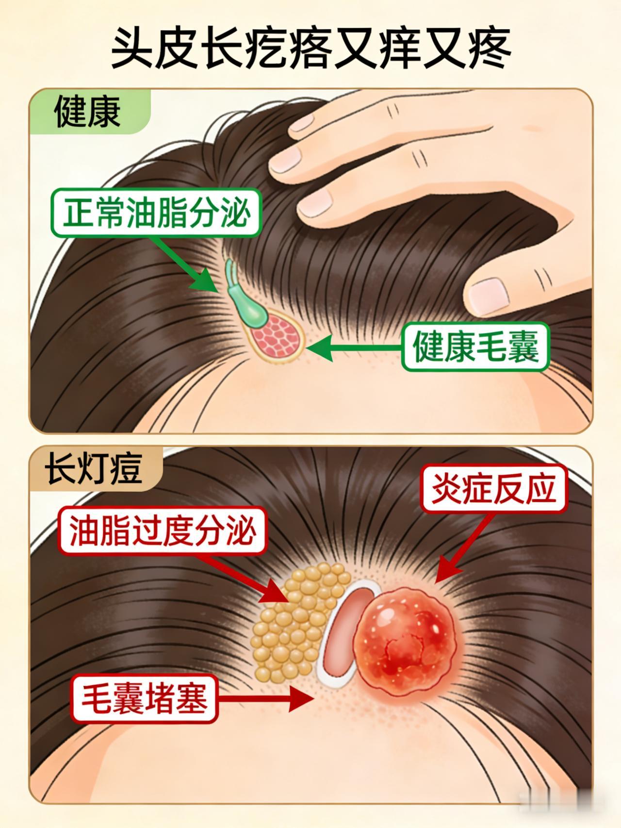 头皮长疙瘩？别抠！一招搞定
 
头皮冒疙瘩，痒到抓狂！
一碰就疼，洗头像渡劫！